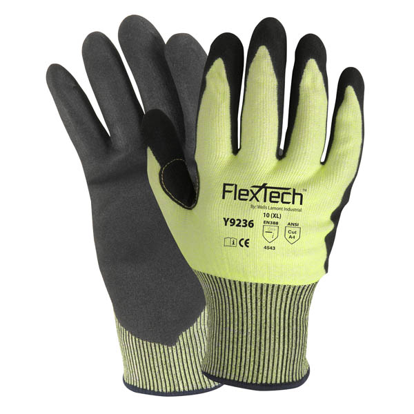 Y9236 Wells Lamont FlexTech™ sandy nitrile foam coated hi-viz A4 15-gauge seamless knit work gloves